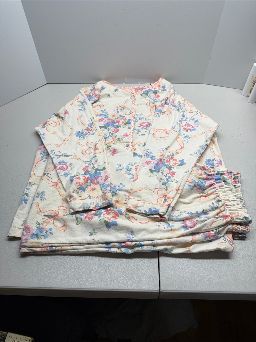 Cream Floral Long Sleeve Pajama Set with Pink & Blue Accents. 100% cotton